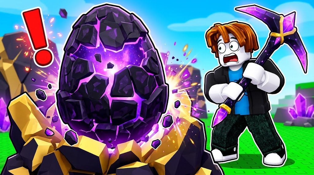 Mine an Egg thumbnail: a Roblox player with a purple crystal pickaxe cracking open a glowing obsidian egg